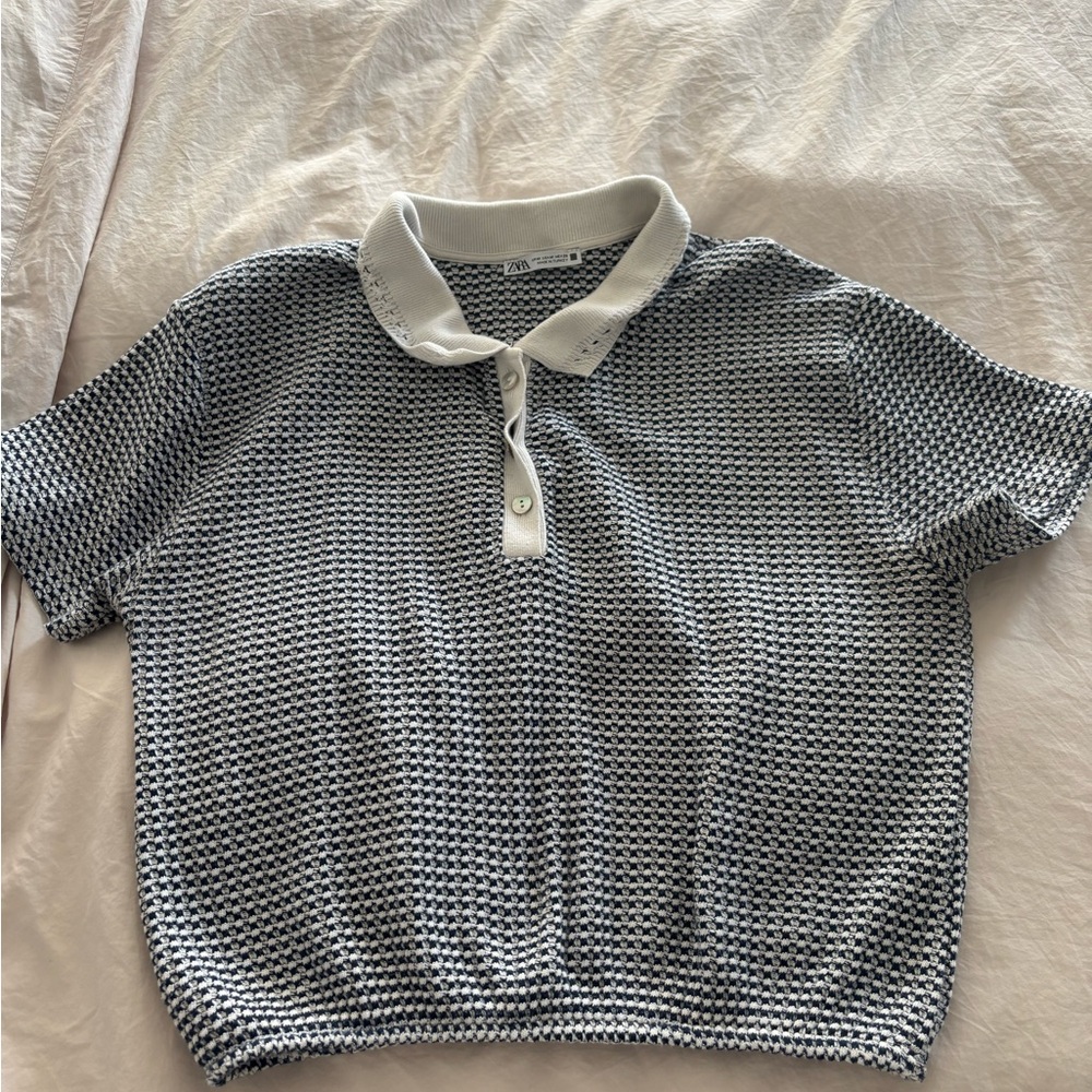 Zara Knit Navy and White Polo Top